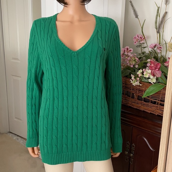 Ralph Lauren green cable logo v neck sweater - Picture 3 of 9